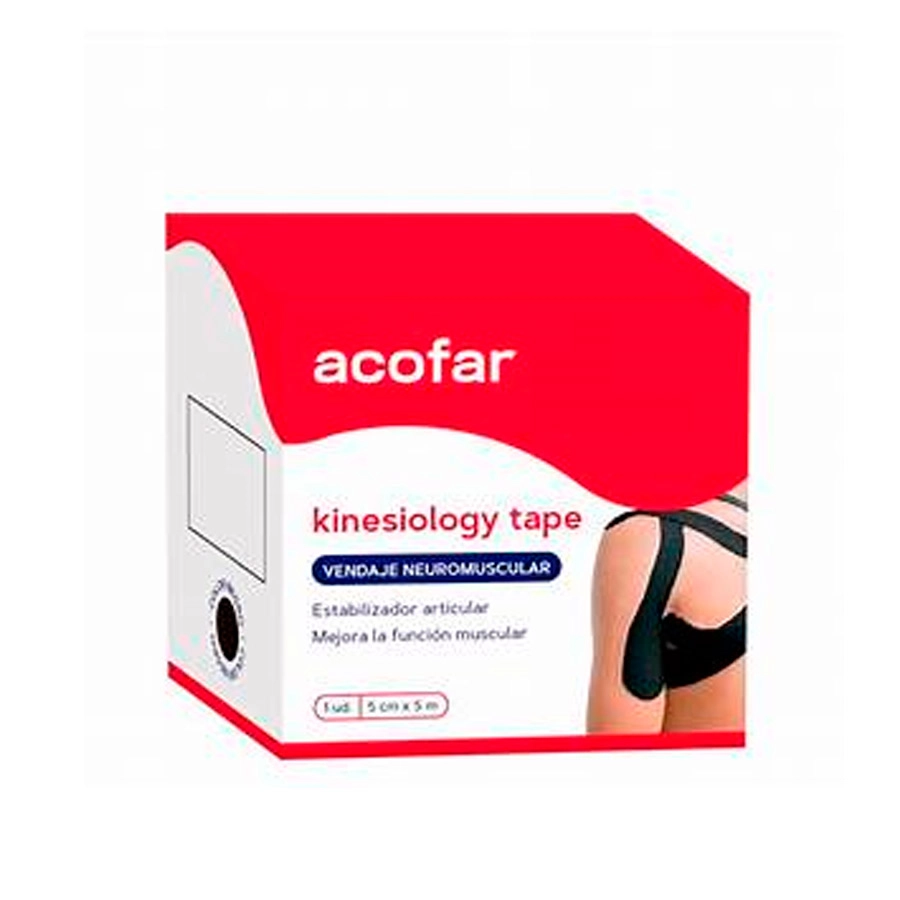 ACOFAR KINESIOLOGY TAPE VENDAJE  1 UNIDAD 5 M X 5 CM COLOR NEGRO