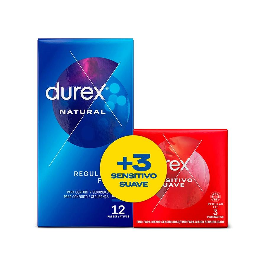 DUREX NATURAL PLUS + DUREX SENSITIVO CONFORT PRESERVATIVOS 12 + 3 PRESERVATIVOS PACK