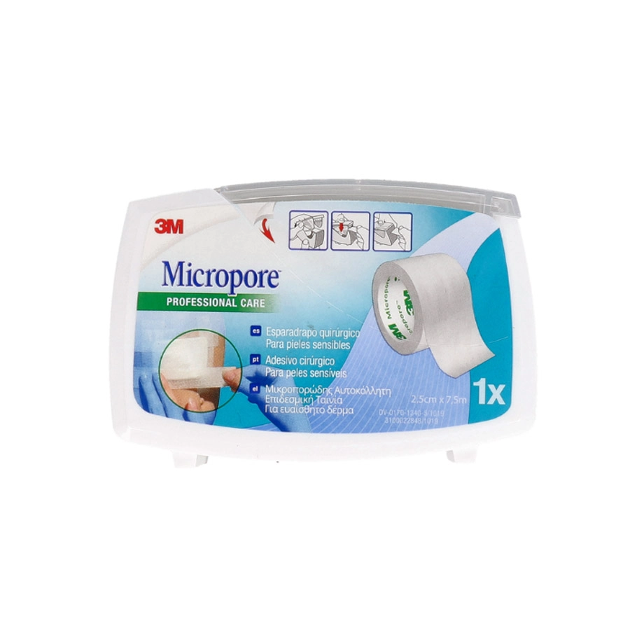 ESPARADRAPO HIPOALERGICO PAPEL MICROPORE PORTAR 1 UNIDAD 7,5 M X 2,5 CM COLOR BLANCO