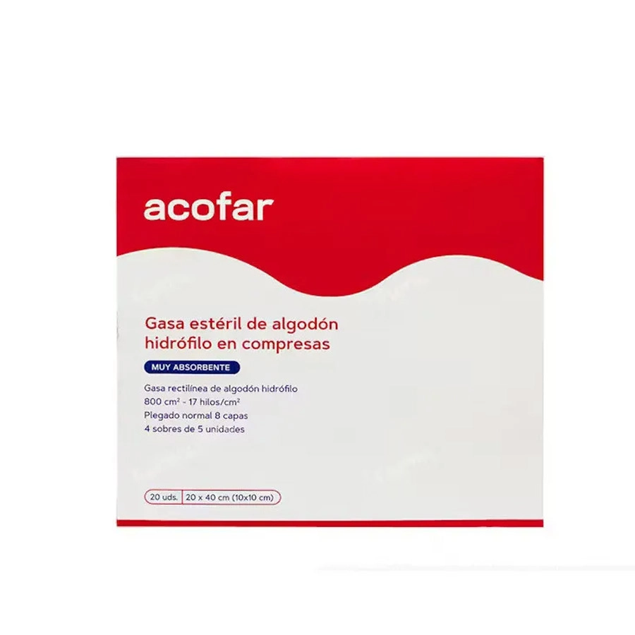 GASA ESTERIL ALGODON HIDROFILO COMPRESAS ACOFAR 20 UNIDADES 40 CM X 20 CM