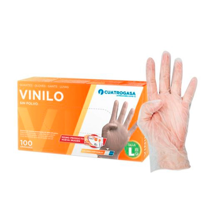 GUANTES VINILO SIN POLVO TALLA L 100 UNIDADES CUATROGASA