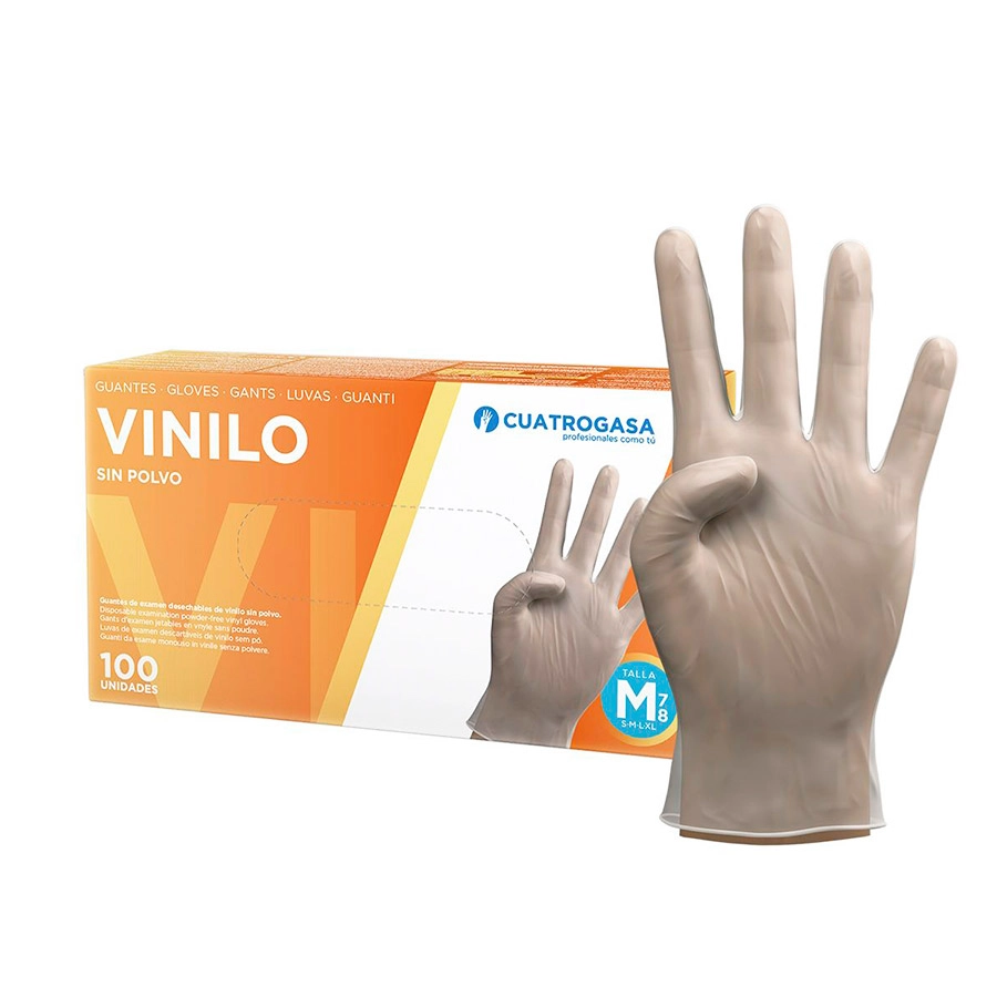 GUANTES VINILO SIN POLVO TALLA M 100 UNIDADES CUATROGASA