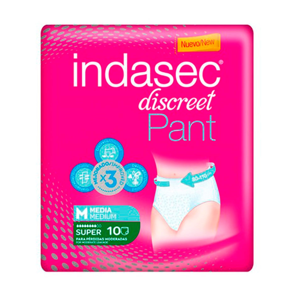 ABSORBENTE INCONTINENCIA ORINA DIA ANATOMICO INDASEC PANT SUPER 10 UNIDADES TALLA M