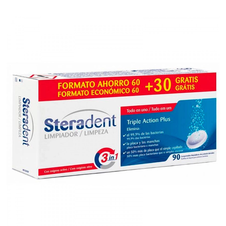 STERADENT TRIPLE ACCION PLUS LIMPIEZA PROTESIS DENTAL 90 COMPRIMIDOS