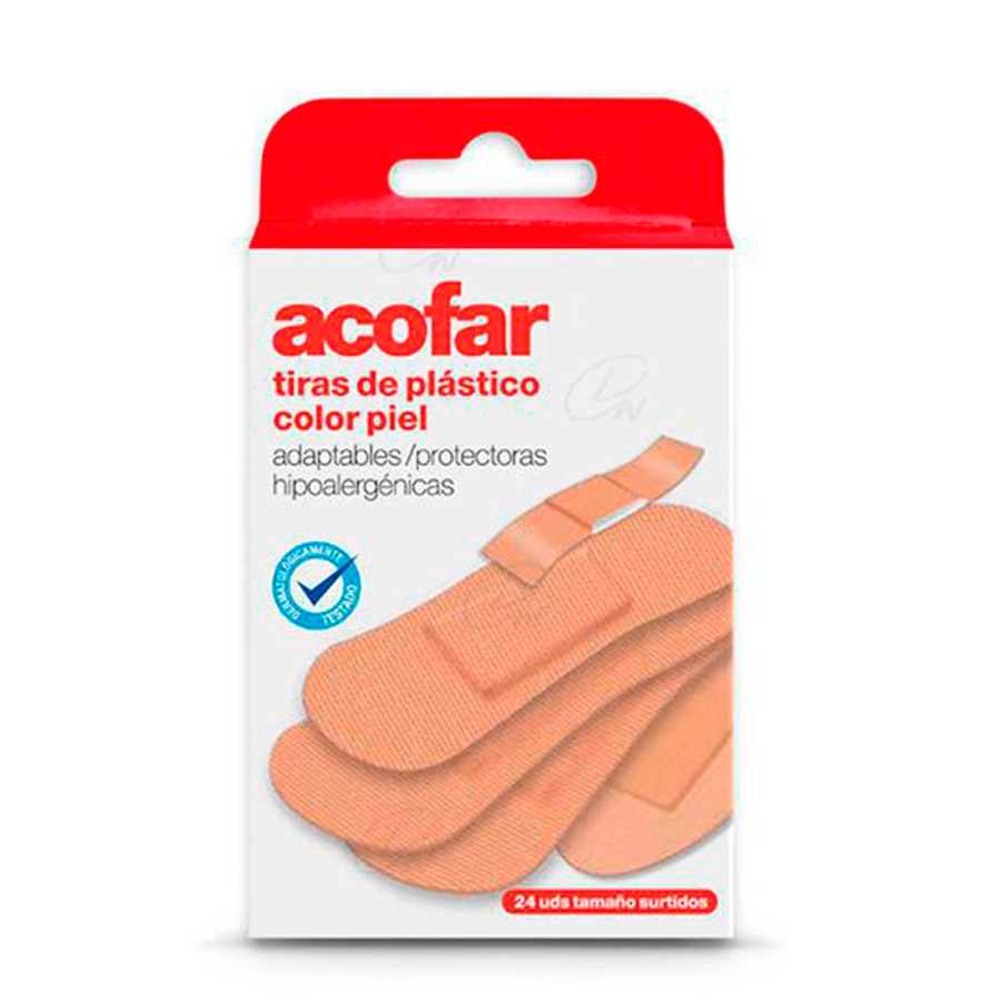 TIRAS ADHESIVAS DE PLASTICO ACOFAR 24 UNIDES COLOR PIEL SURTIDO